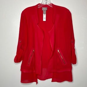 CHICO’S Blazer Jacket Red Layered Lightweight Open Front Zipper Pockets 4